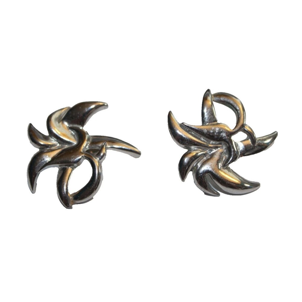 Vintage Abstract Silver Tone Floral Clip On Earrings
